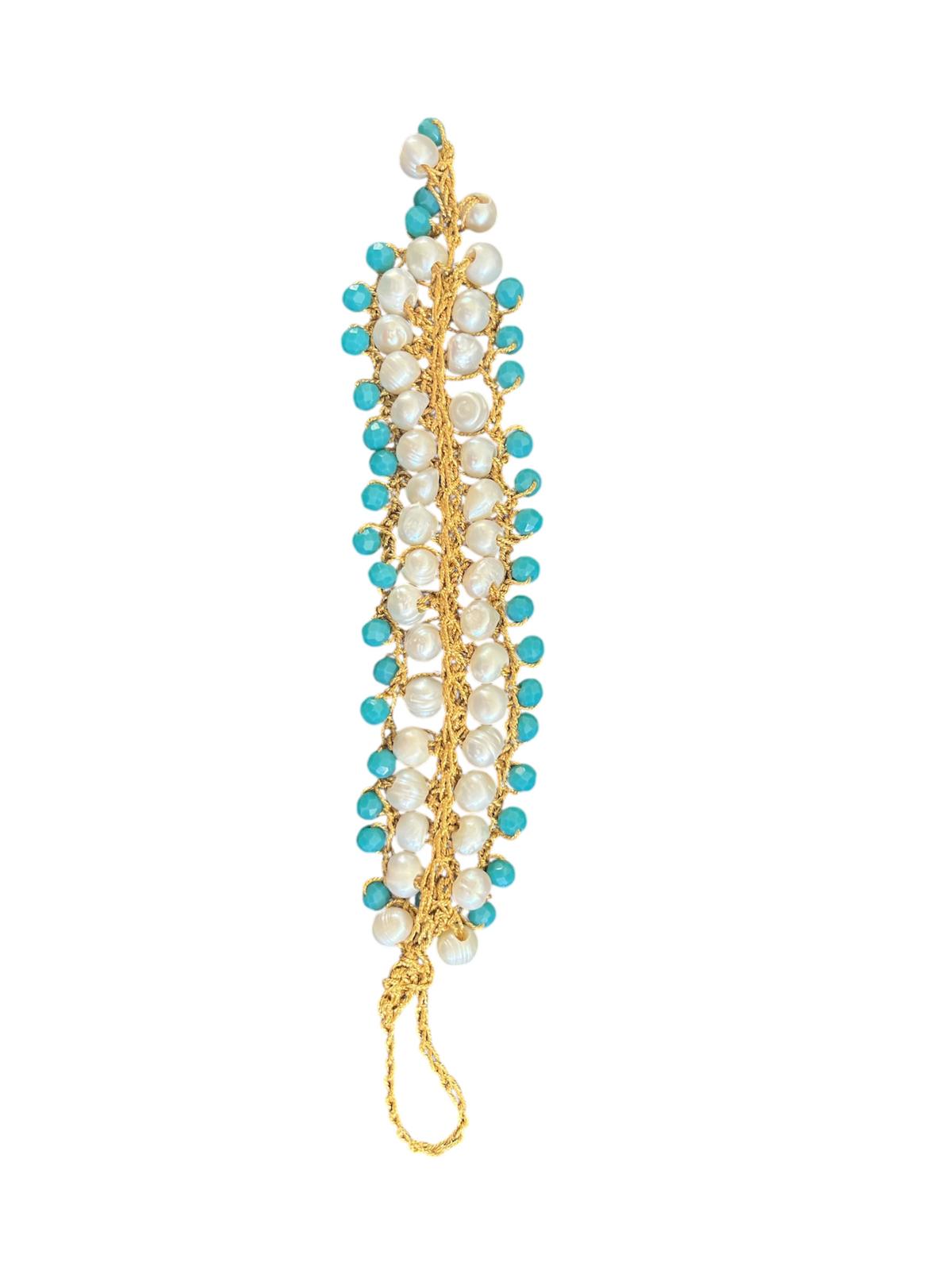 CROCHET HAND CRAFTED BRACELET PEARL & TURQUOISE