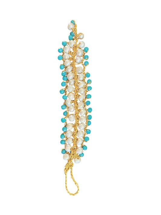 CROCHET HAND CRAFTED BRACELET PEARL & TURQUOISE